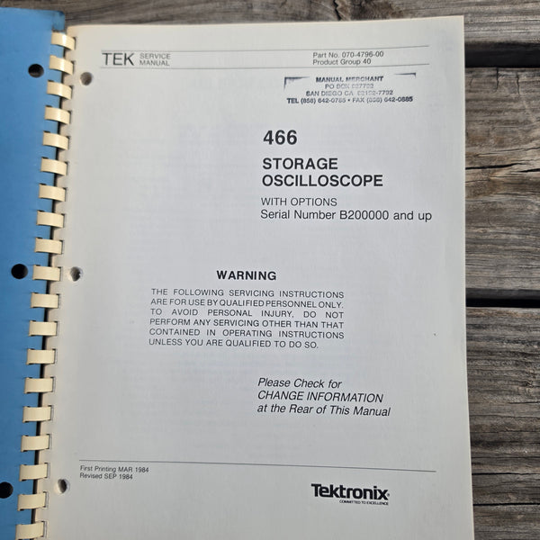 Tektronix 466 Oscilloscope Service Manual, For SN B200000 And Up