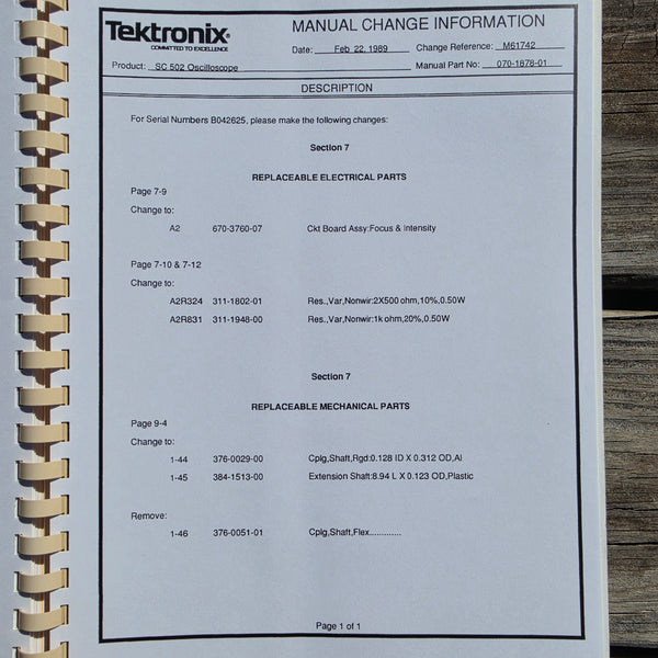 Tektronix SC502 Oscilloscope Instruction Manual, Complete, Clean, 070-1878-01