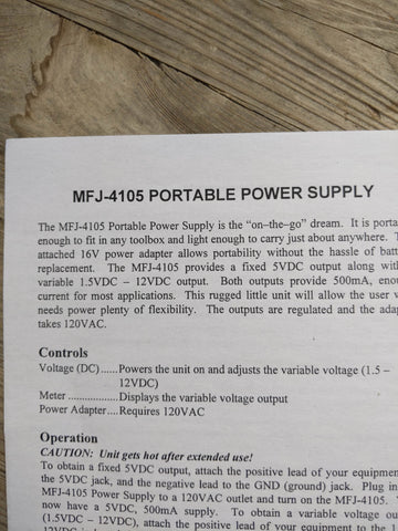 MFJ-4105 Portable Power Supply Information Sheet