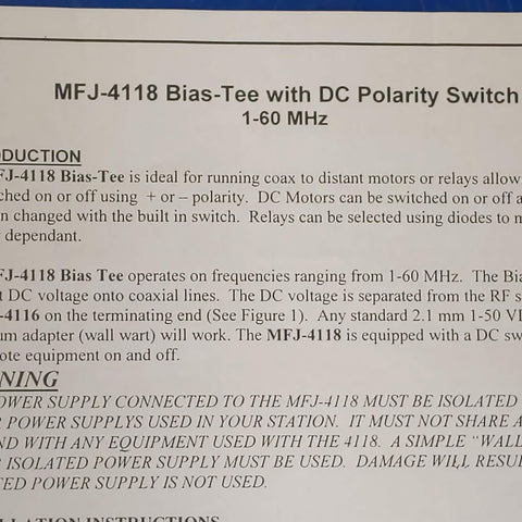 MFJ-4118 Bias Tee With DC Polarity Switch Manual