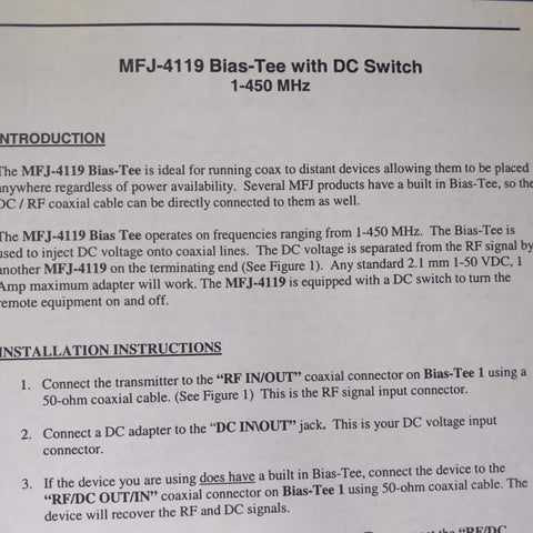 MFJ-4119 Bias Tee With DC Switch Manual