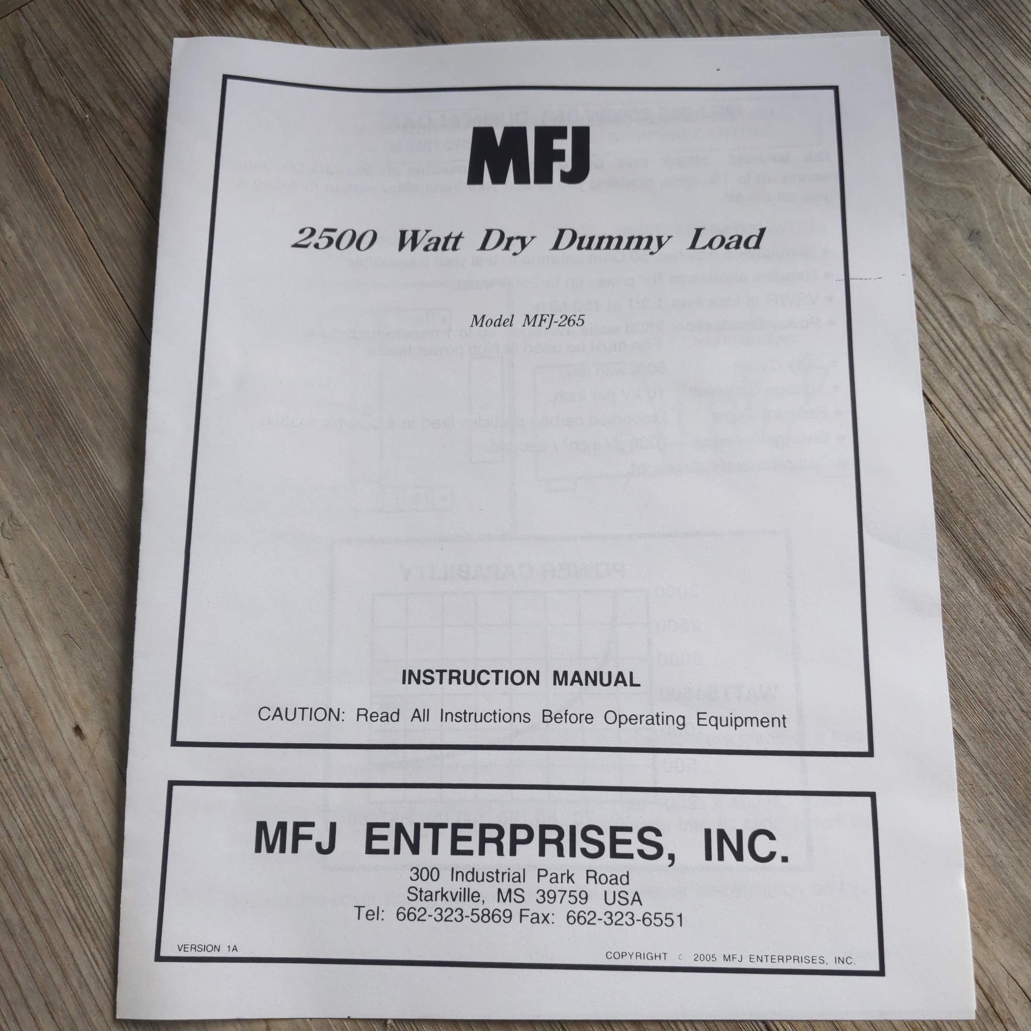MFJ-265 2500W Dry Dummy Load Instruction Manual