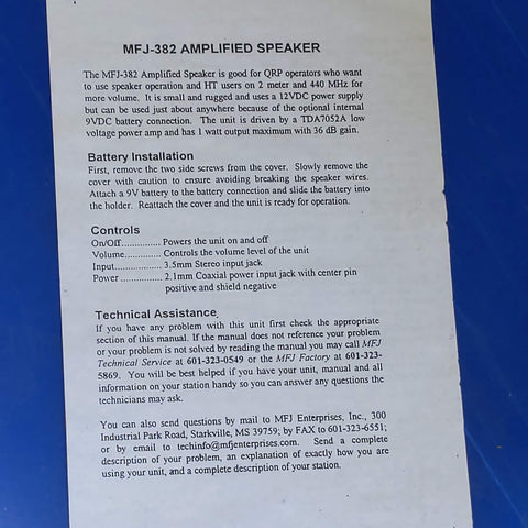 MFJ-382 3" Amplified Speaker Manual