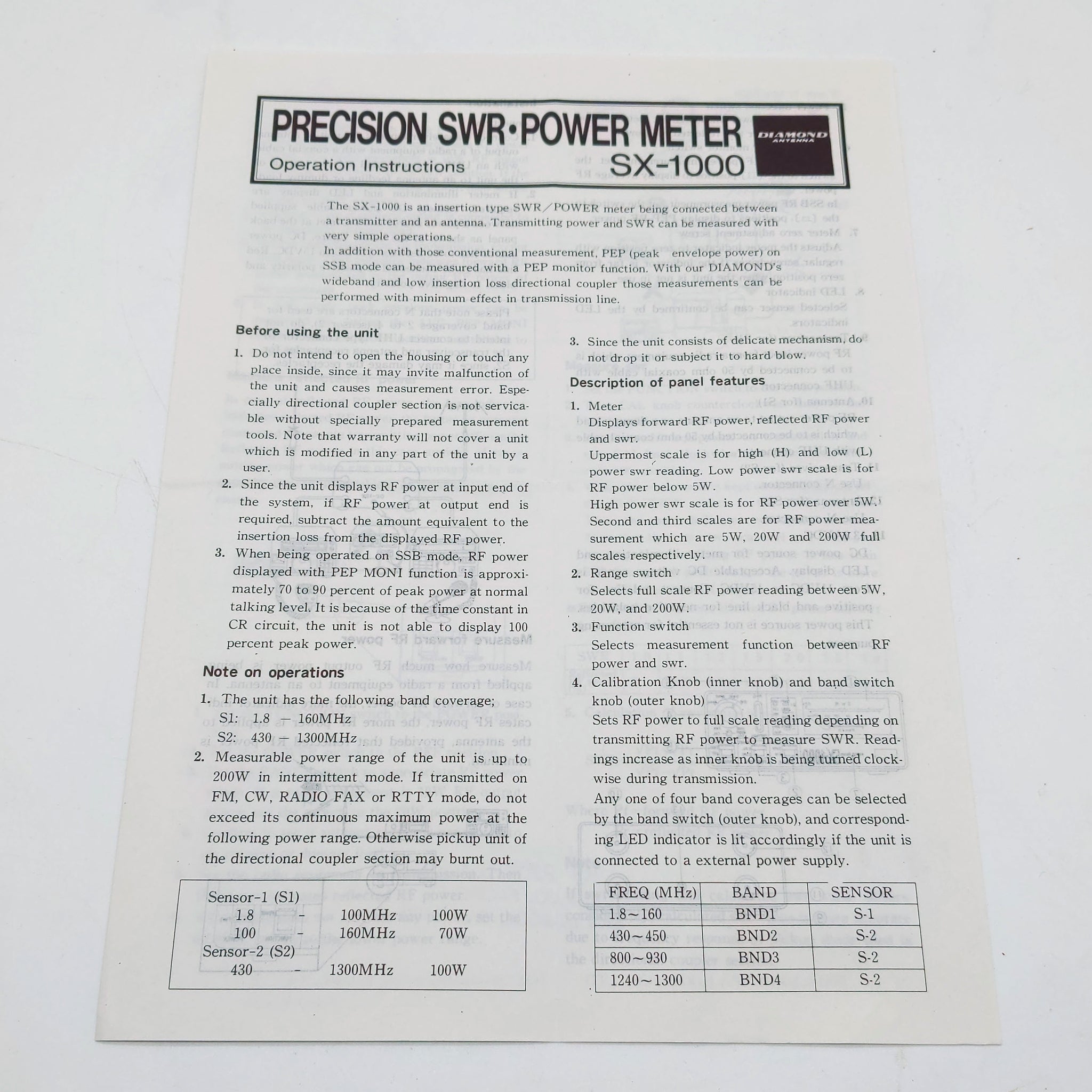Diamond SX-1000 Meter Operation Instructions