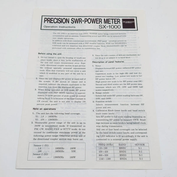 Diamond SX-1000 Meter Operation Instructions