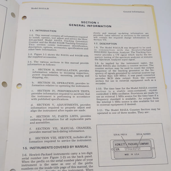 Hewlett Packard HP 8443A, 8443B Tracking Generator Operation Information
