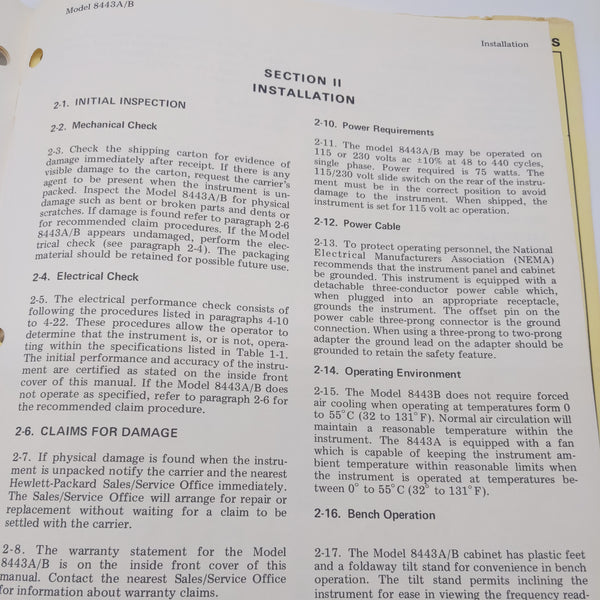 Hewlett Packard HP 8443A, 8443B Tracking Generator Operation Information