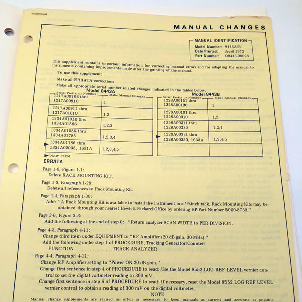 Hewlett Packard HP 8443A, 8443B Tracking Generator Operation Information