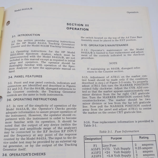 Hewlett Packard HP 8443A, 8443B Tracking Generator Operation Information