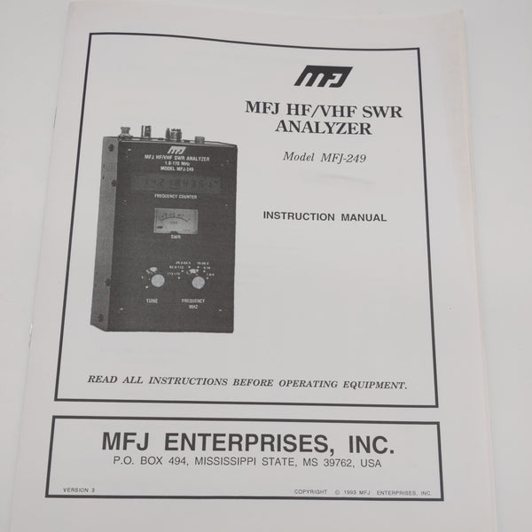 MFJ-249 HF/VHF SWR Analyzer Instruction Manual