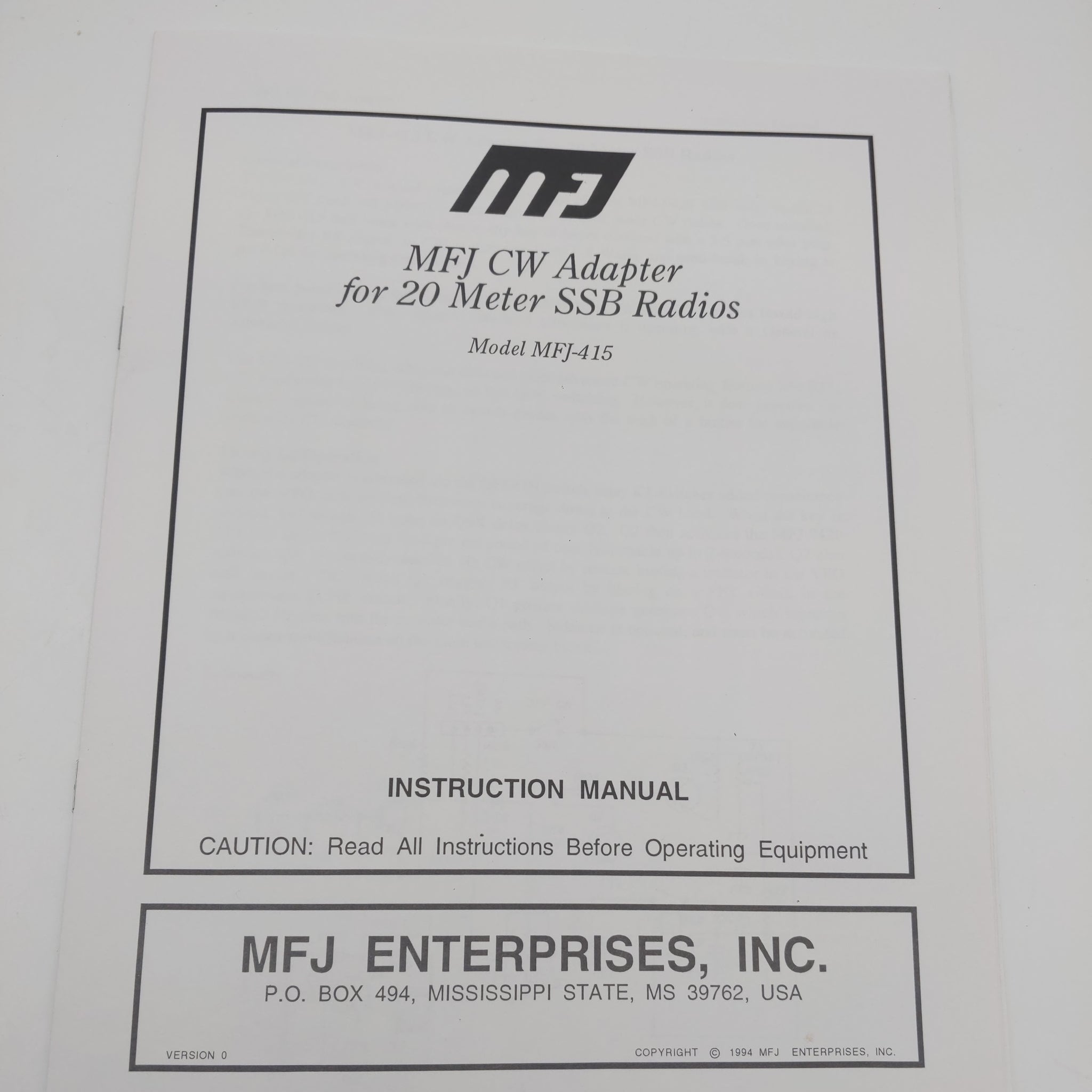 MFJ-415 CW Adapter For 20M MFJ-9420 SSB Transceiver Instruction Manual