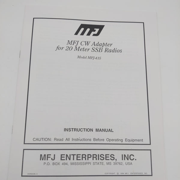 MFJ-415 CW Adapter For 20M MFJ-9420 SSB Transceiver Instruction Manual