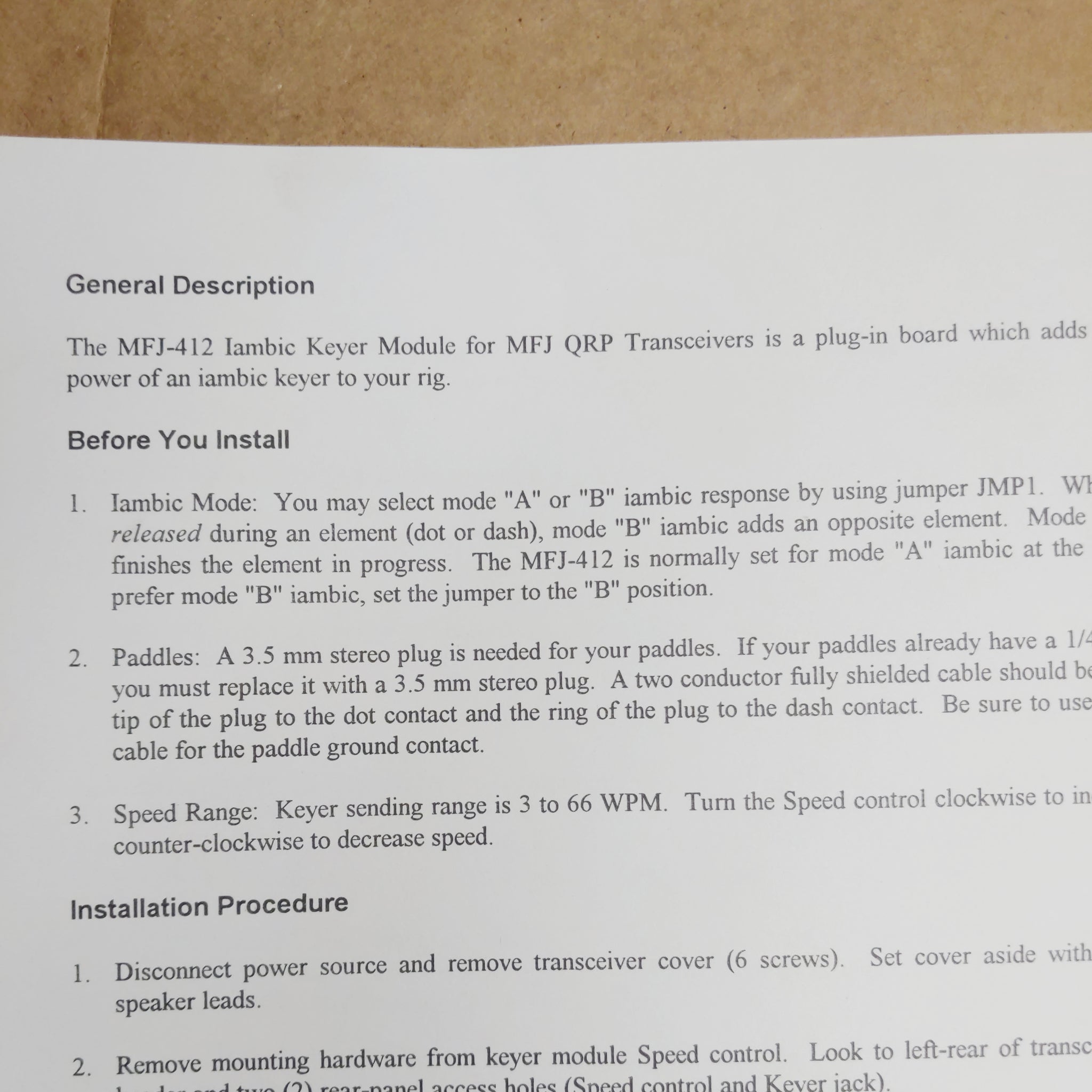 MFJ-412 (Later Models) Iambic Keyer Module For MFJ QRP Transceivers Instructions