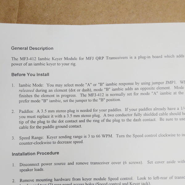 MFJ-412 (Later Models) Iambic Keyer Module For MFJ QRP Transceivers Instructions