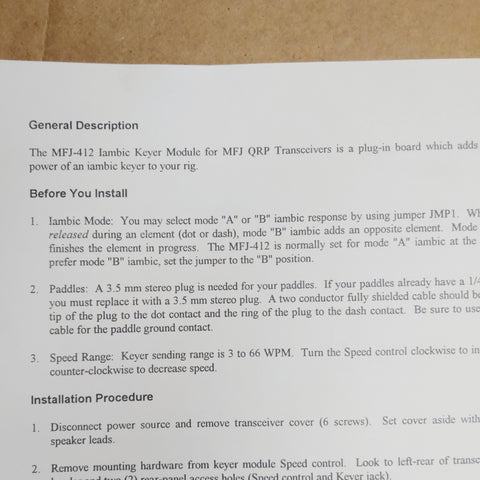 MFJ-412 (Later Models) Iambic Keyer Module For MFJ QRP Transceivers Instructions