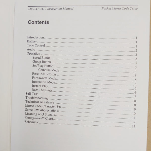 MFJ-413/MFJ-417 Pocket Morse Code Tutor Instruction Manual