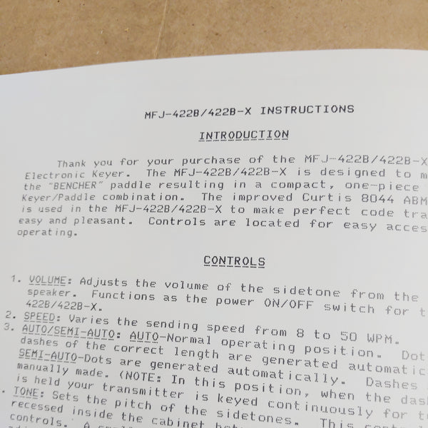 MFJ-422B, MFJ-422BX Electronic Keyer Paddle Owners Manual With Schematic