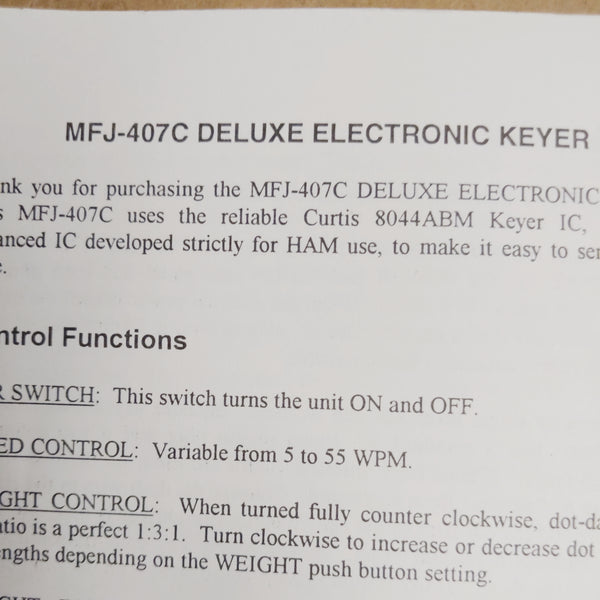MFJ-407C Deluxe Electronic Keyer Instruction Manual, Not A Reprint