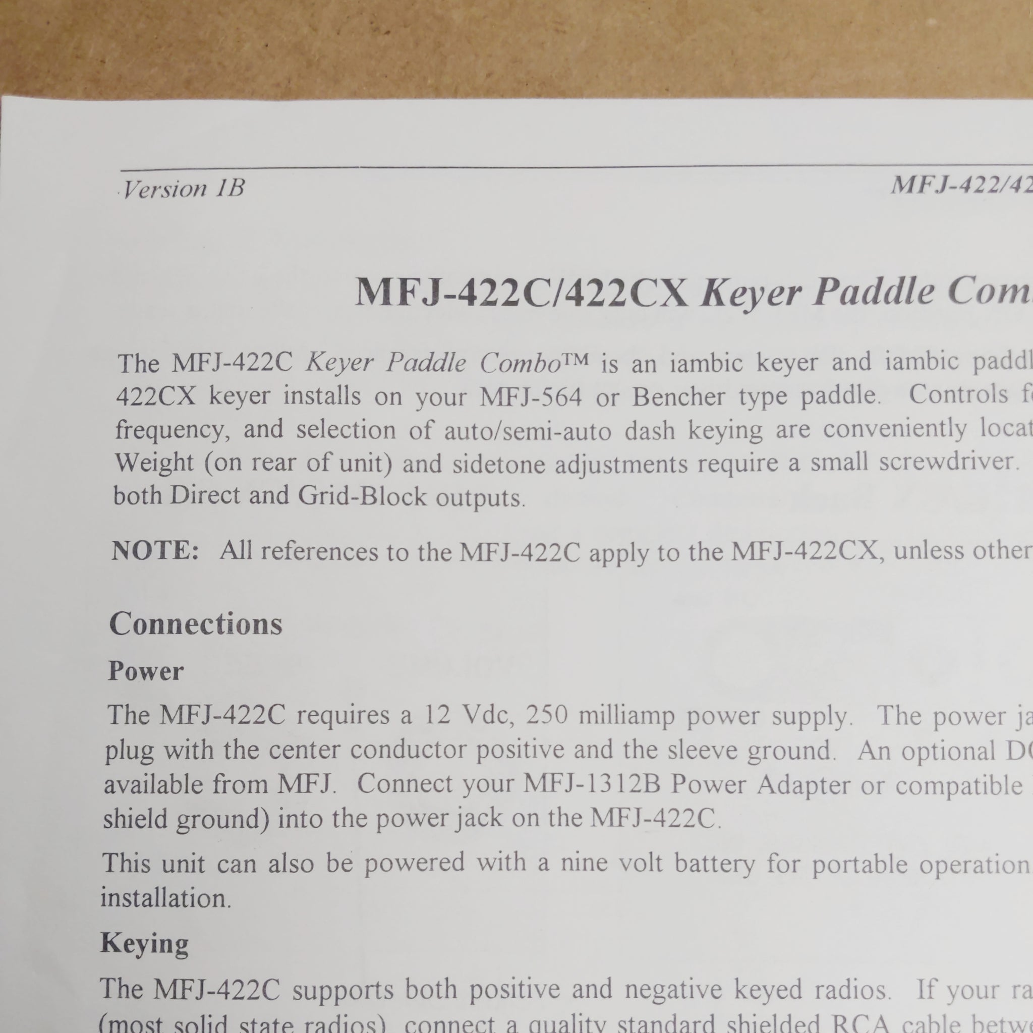 MFJ-422C, MFJ-422CX Iambic Keyer Paddle Combo Instructions
