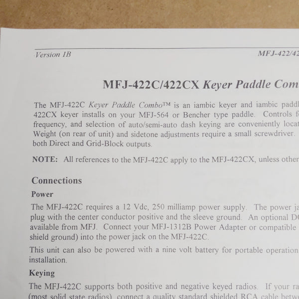 MFJ-422C, MFJ-422CX Iambic Keyer Paddle Combo Instructions