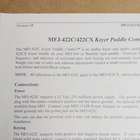 MFJ-422C, MFJ-422CX Iambic Keyer Paddle Combo Instructions