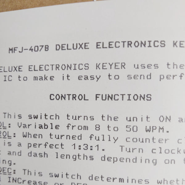 MFJ-407B Deluxe Electronic Keyer Owners Manual With Schematic OEM