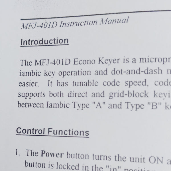 MFJ-401C Econo Keyer II OEM Instruction Manual