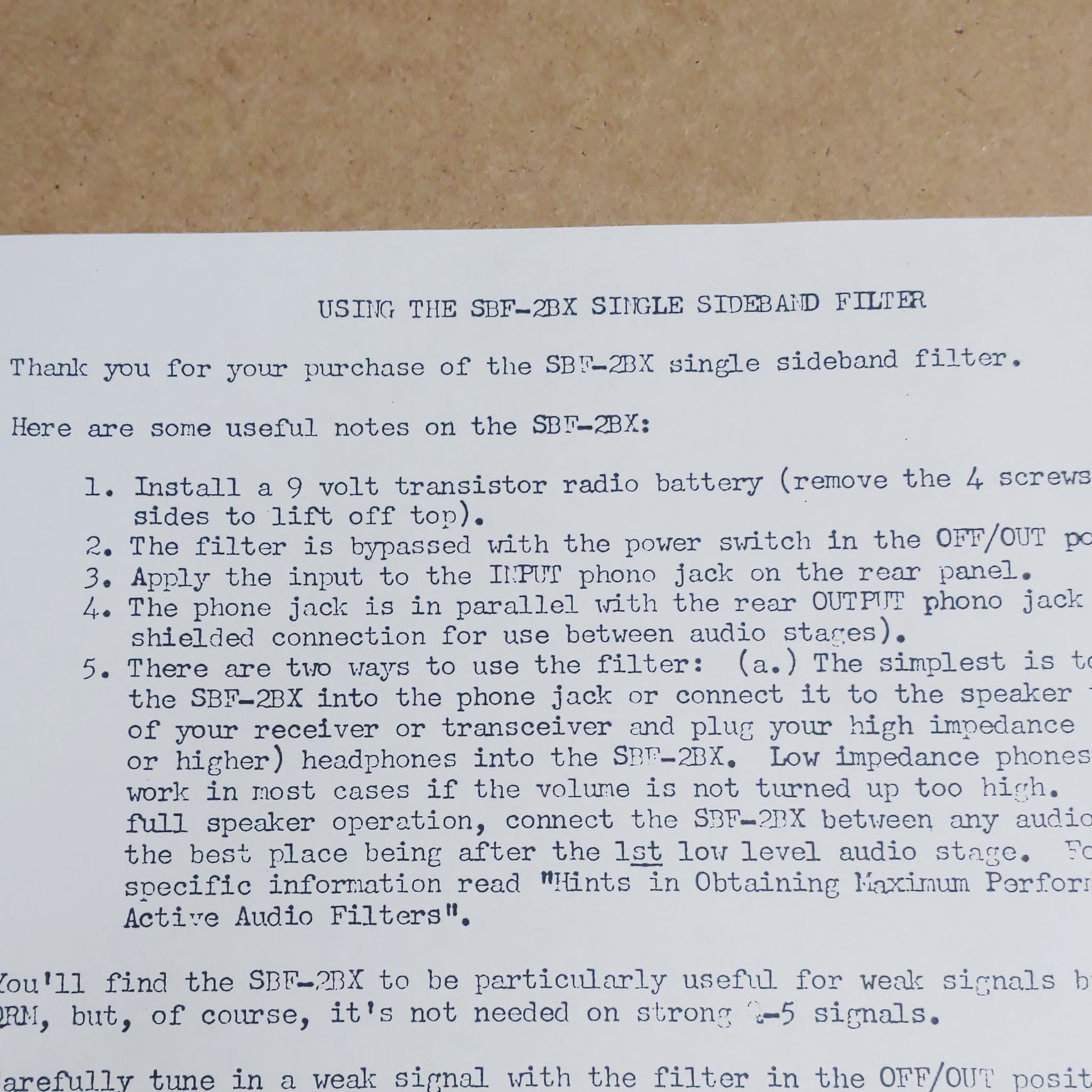 SBF-2BX SSB Filter Instruction Sheet