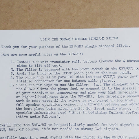 SBF-2BX SSB Filter Instruction Sheet