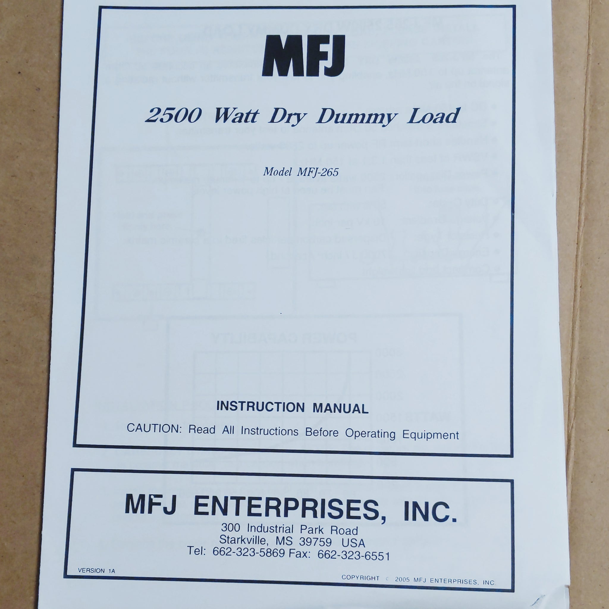 MFJ-265 Dry Dummy Load Manual