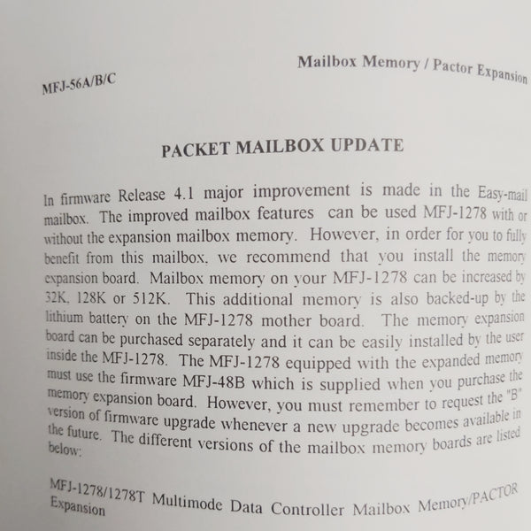 MFJ-56 A/B/C Pactor/Mailbox Memory Expansion for MFJ-1278/1278T Instruction Manual
