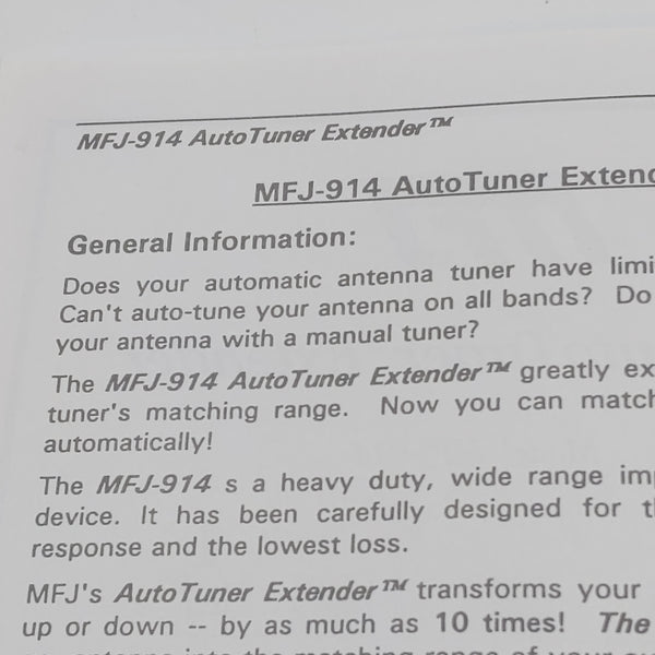 MFJ-914 AutoTuner Extender Instruction Manual, Original