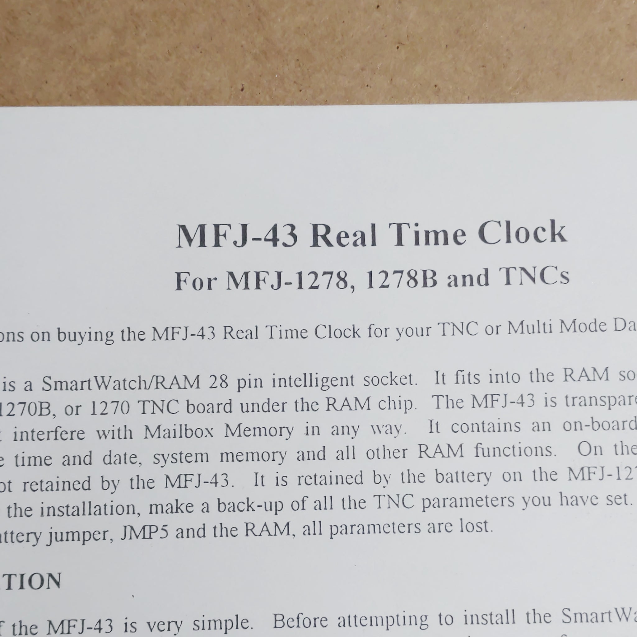 MFJ-43 Real Time Clock For MFJ-1278/1278B/TNCs
