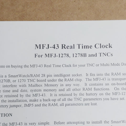 MFJ-43 Real Time Clock For MFJ-1278/1278B/TNCs