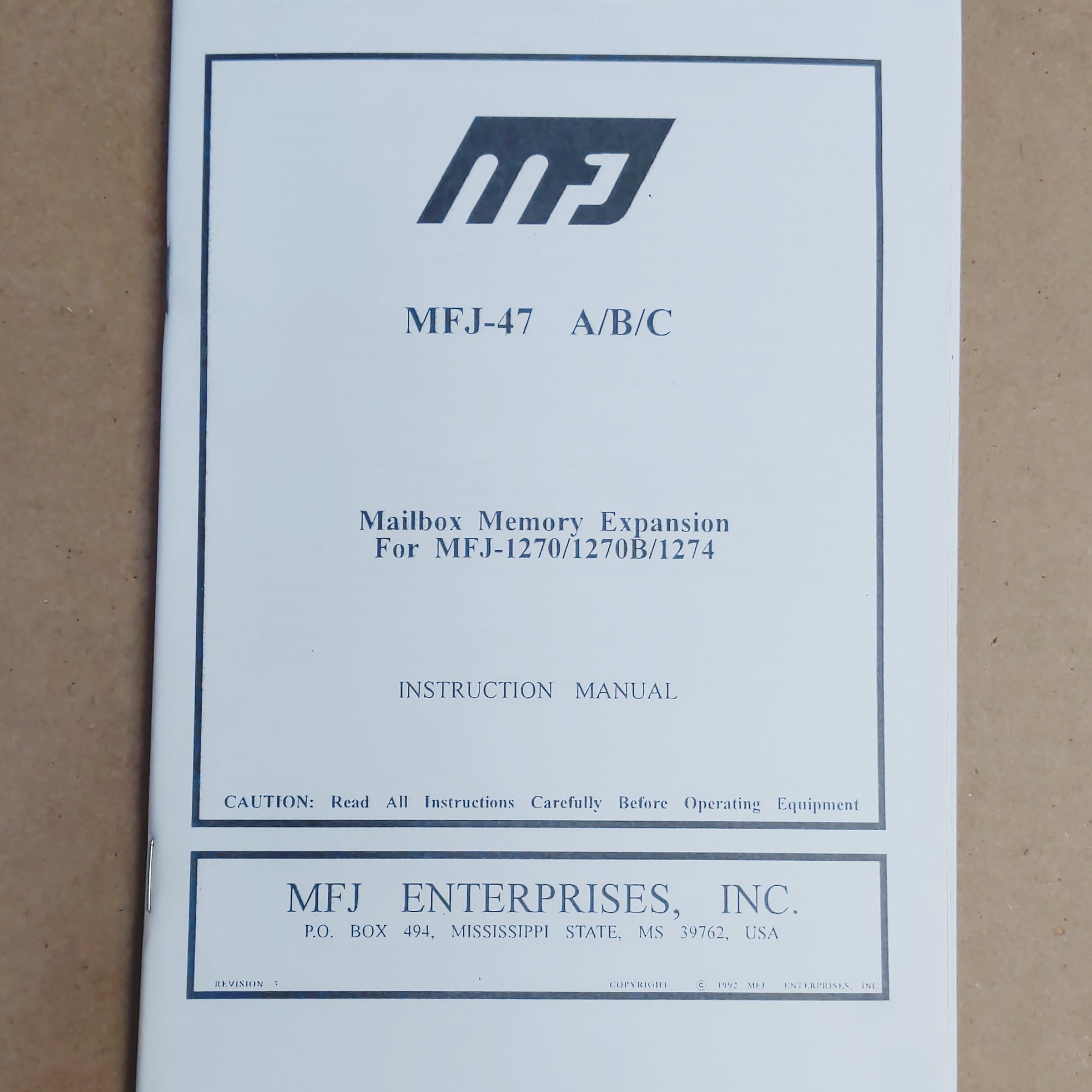 MFJ-47 ABC, Instruction Manual For MFJ-1270/1270B/1274 Mailbox Memory Expansion