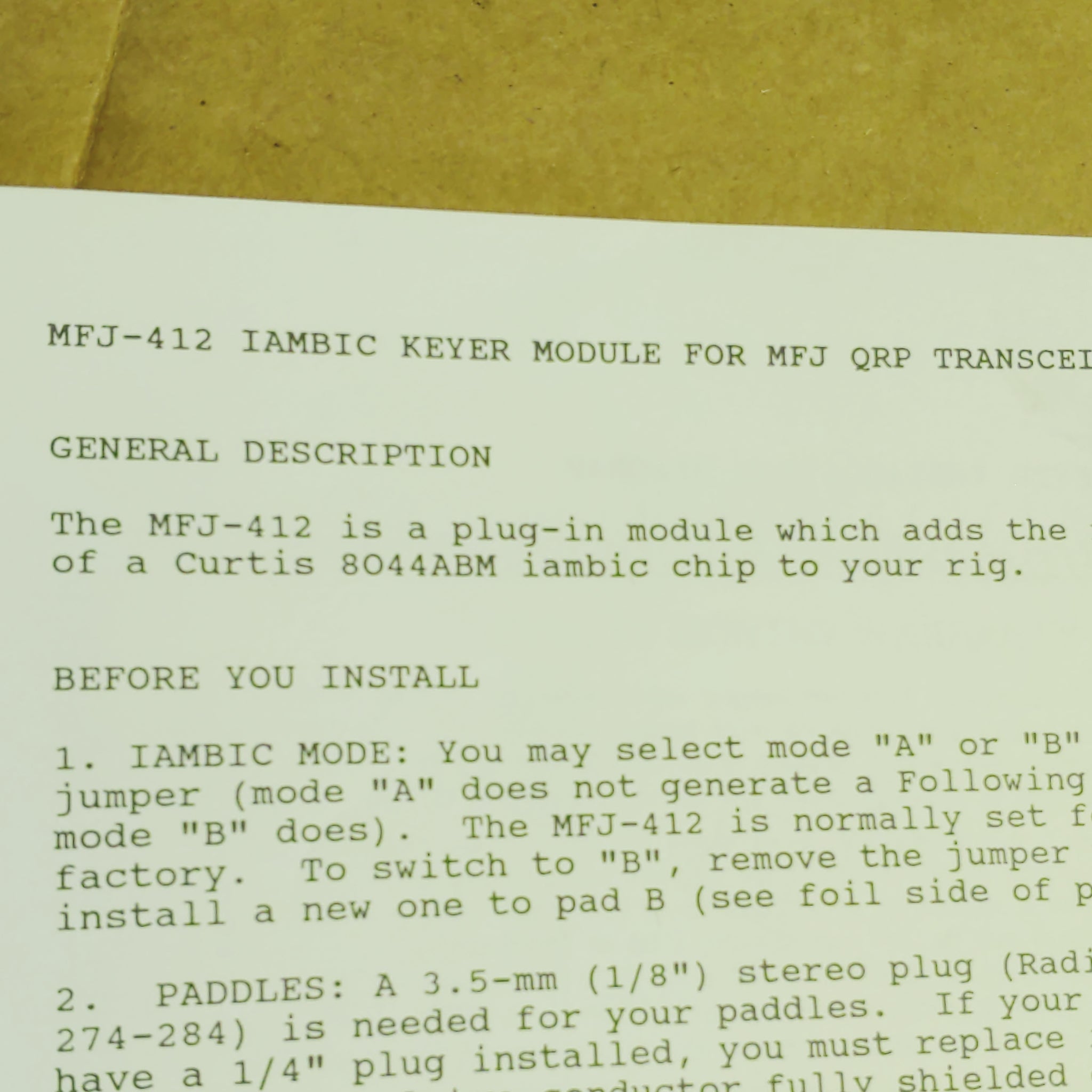 MFJ-412 Iambic Keyer Module for QRP Transceivers Instruction Sheet