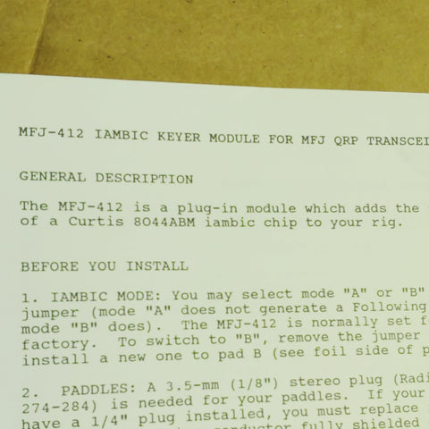 MFJ-412 Iambic Keyer Module for QRP Transceivers Instruction Sheet