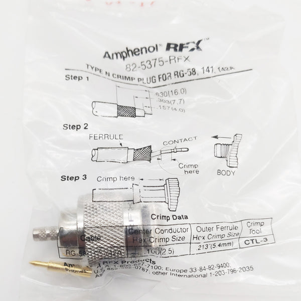 Amphenol RFX Male N Coax Straight Connector, Crimp-On, New, RG58, RG141