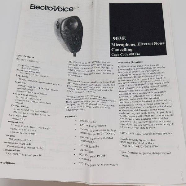 EV Telex 903E Aviation Condenser Microphone