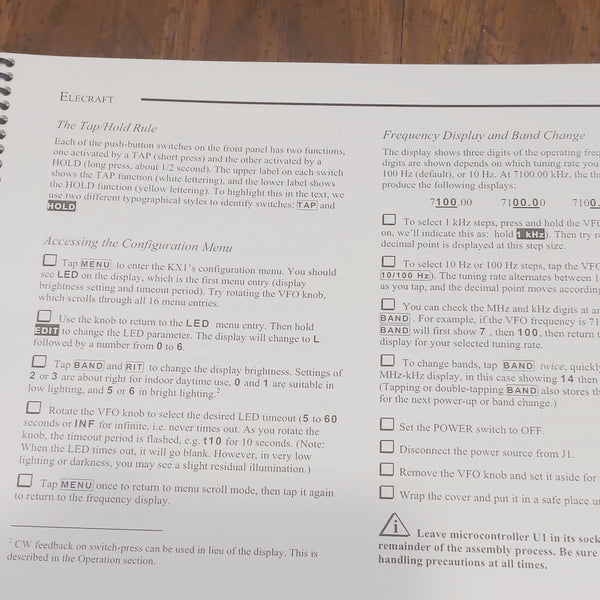Elecraft KX1 Transceiver Owner's Manual, Original