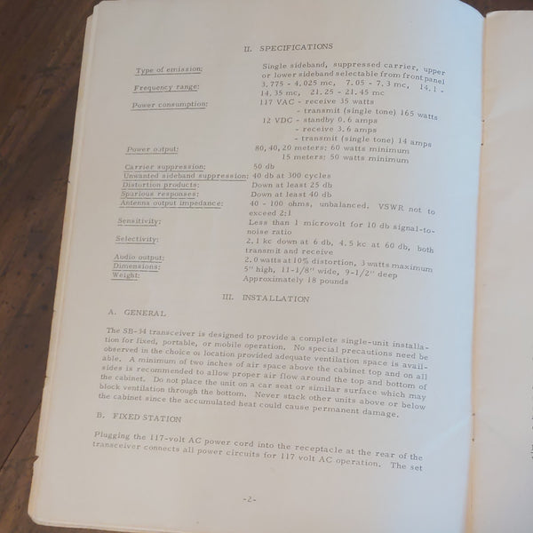SBE SB-34 Transceiver Operation And Maintenance Manual, Original