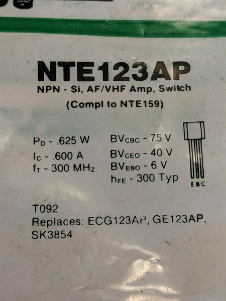 NTE 123AP Transistor, Replaces ECG123AP, GE123AP, SK3854, New Old Stock